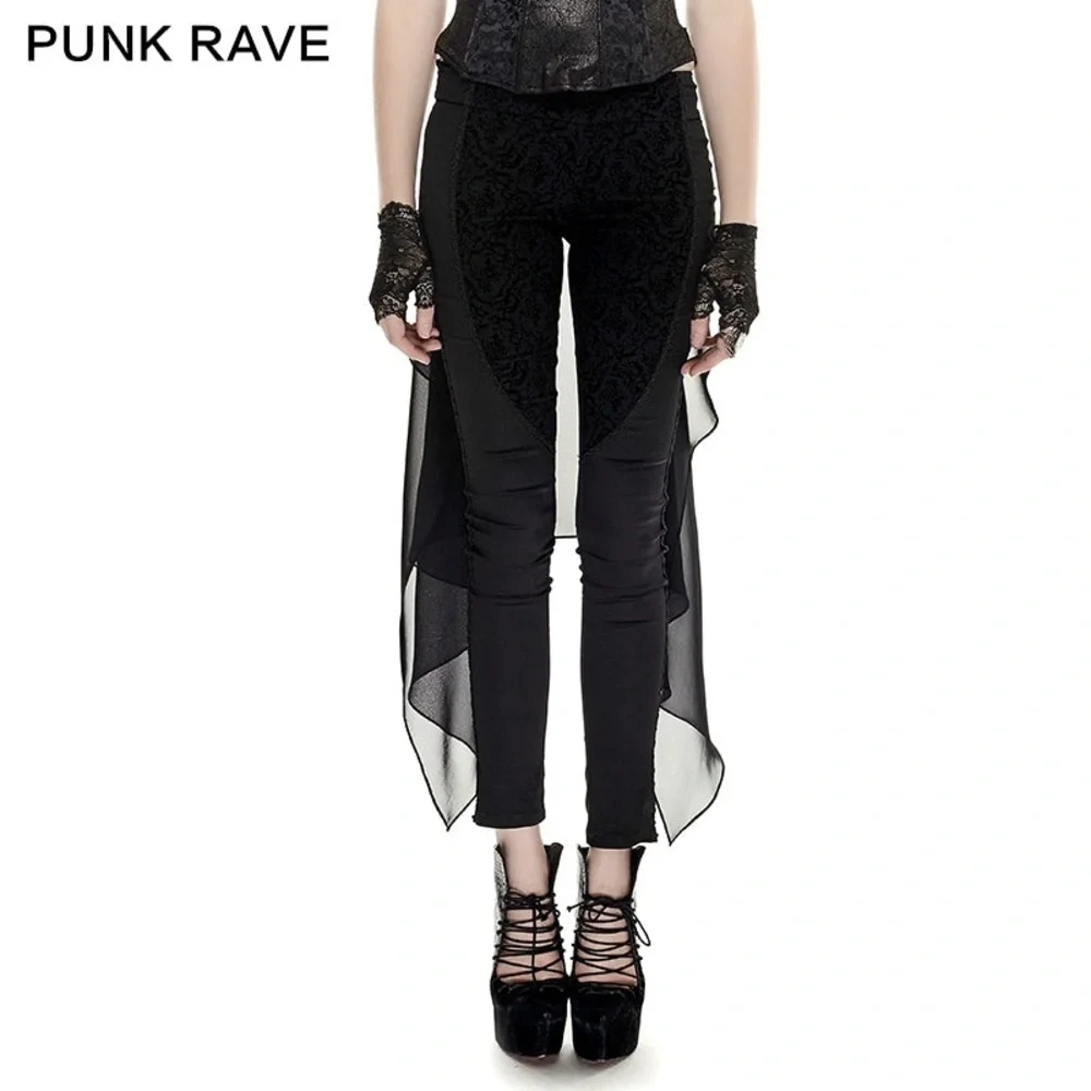 Punk Rave Women’s Floral Slim Mesh Gothic Pants Black Trailing Veil Jacquard - Picture 6 of 12